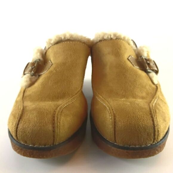 Lower East Side camel color faux suede wedge heel clogs with faux fur - Picture 6 of 15